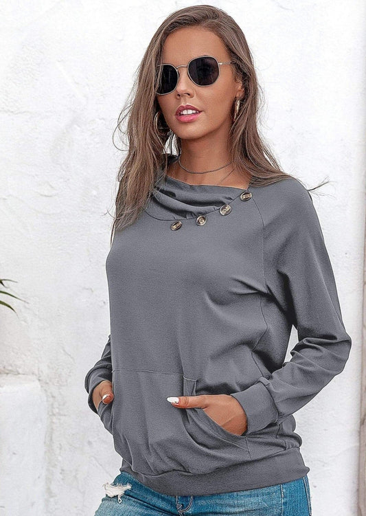 Anna-Kaci Off Set Irregular Neckline Lounge Button Decor Hoodie Sweater for Women Large 8-10 / Gray