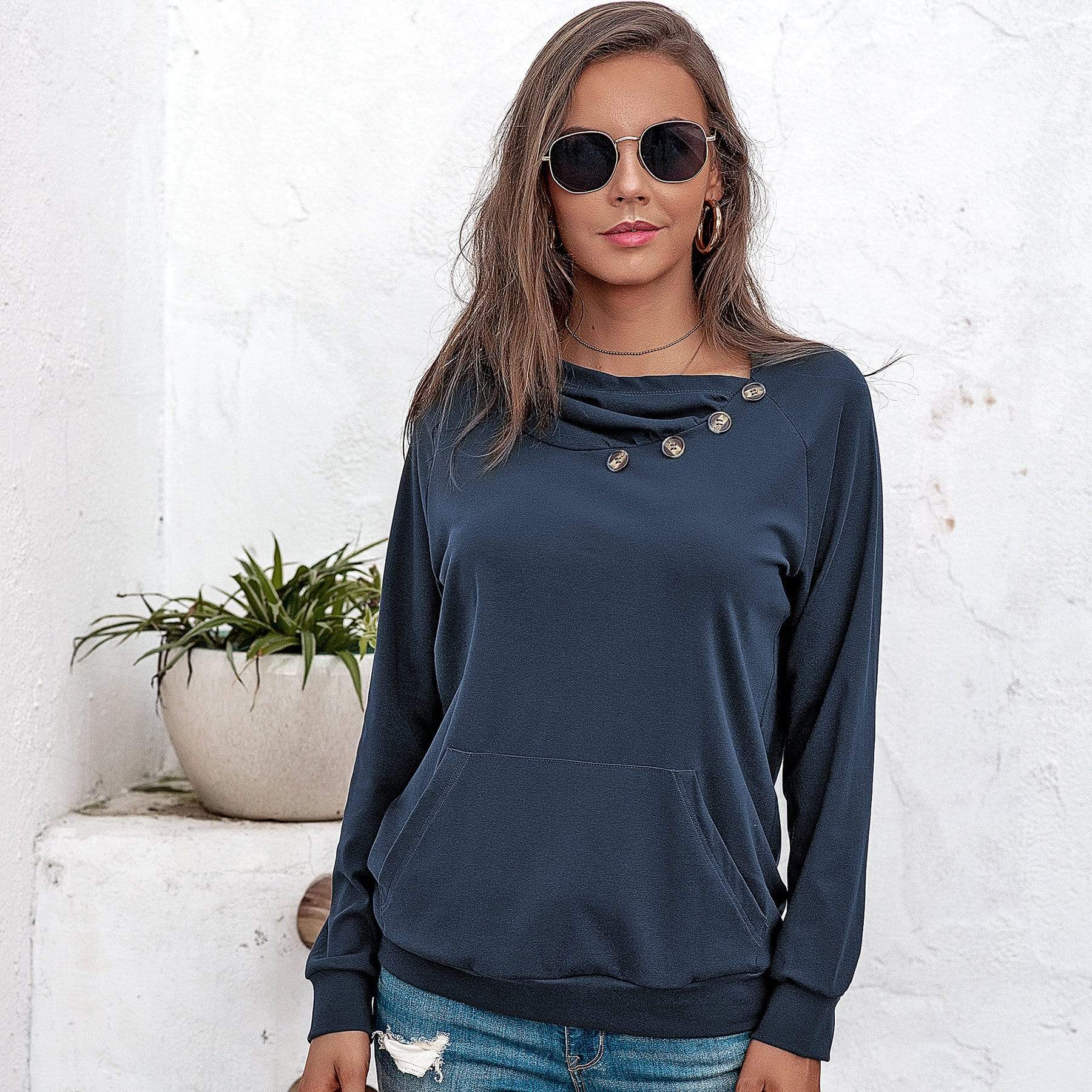 Anna-Kaci Off Set Irregular Neckline Lounge Button Decor Hoodie Sweater for Women