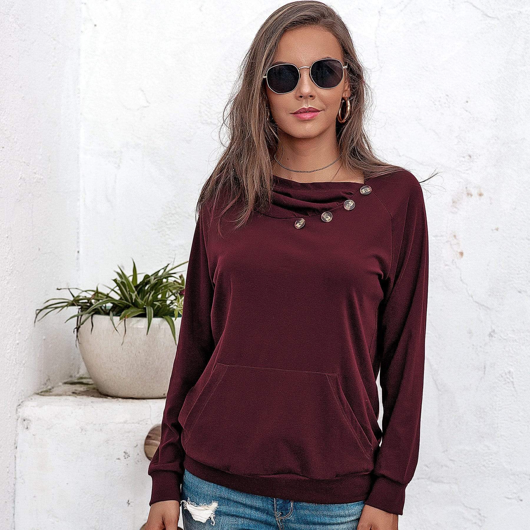 Anna-Kaci Off Set Irregular Neckline Lounge Button Decor Hoodie Sweater for Women