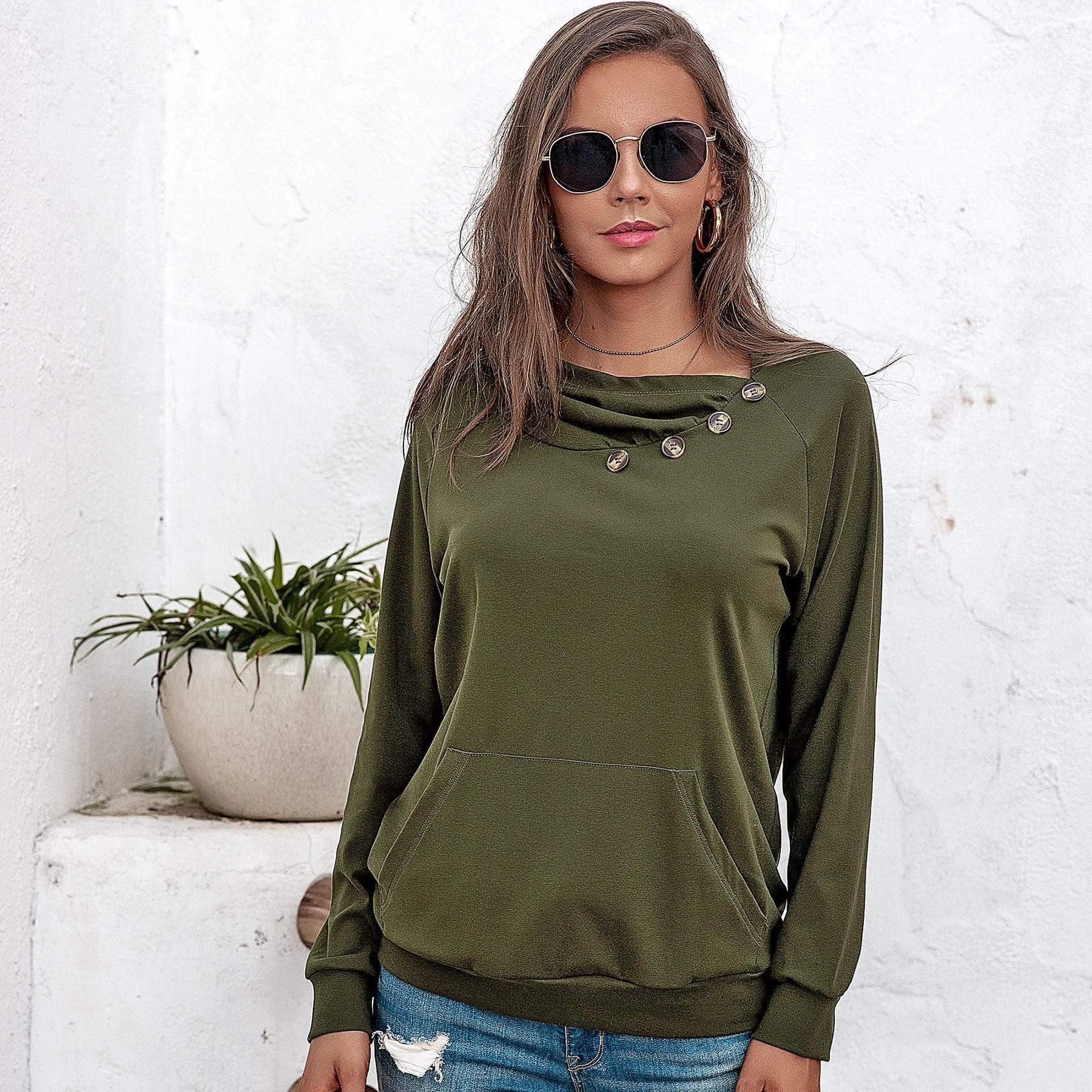 Anna-Kaci Off Set Irregular Neckline Lounge Button Decor Hoodie Sweater for Women