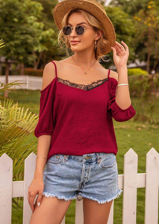 Anna-Kaci Off Shoulder Cami Top with Lace Trim Square Neck Short Sleeve Blouse Small 0-4 / Love Red