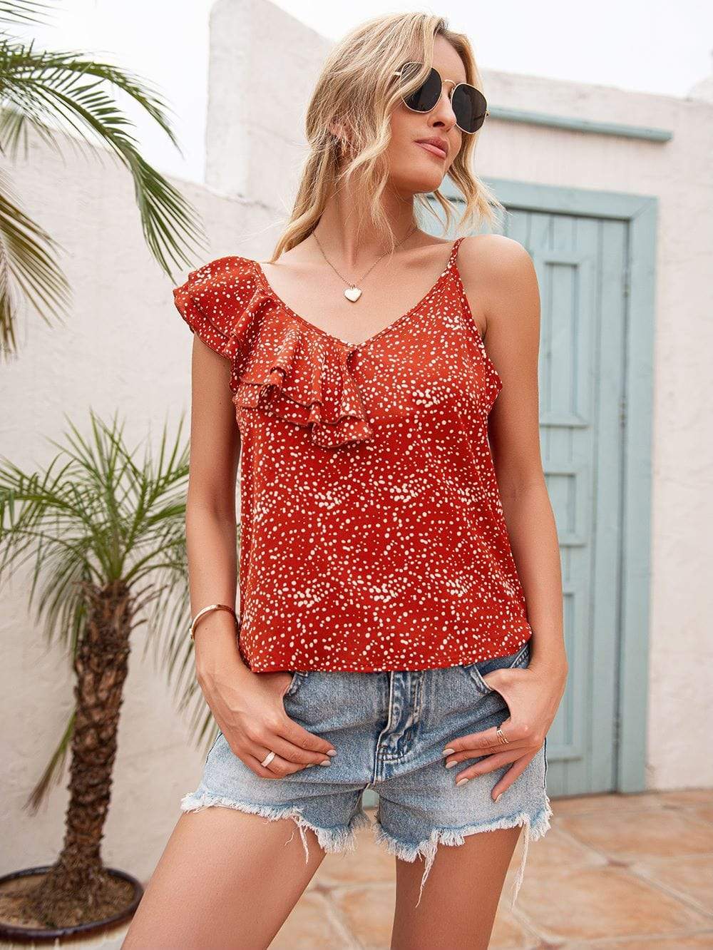 Anna-Kaci One Shoulder Ruffle Dot Print Patterned Summer Cami Blouse for Women