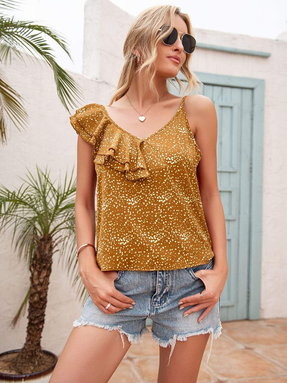 Anna-Kaci One Shoulder Ruffle Dot Print Patterned Summer Cami Blouse for Women