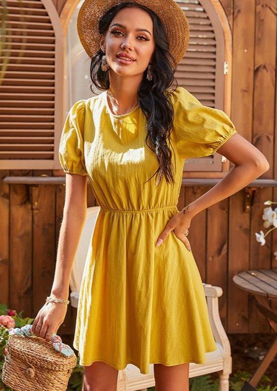 Anna-Kaci Open Back Tied Scallop Ruffle Tunic Short Dress for Women Large 8-10 / Yellow