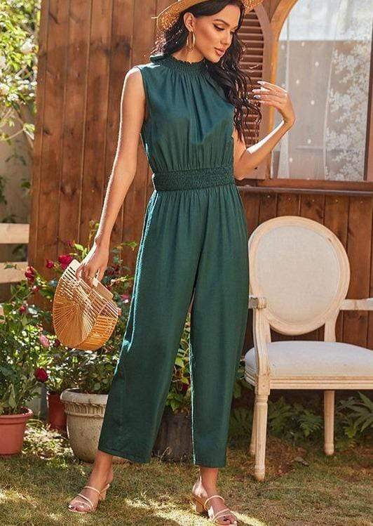 Anna-Kaci Open Tied Back Forest Green Sleeveless Jumpsuit for Women