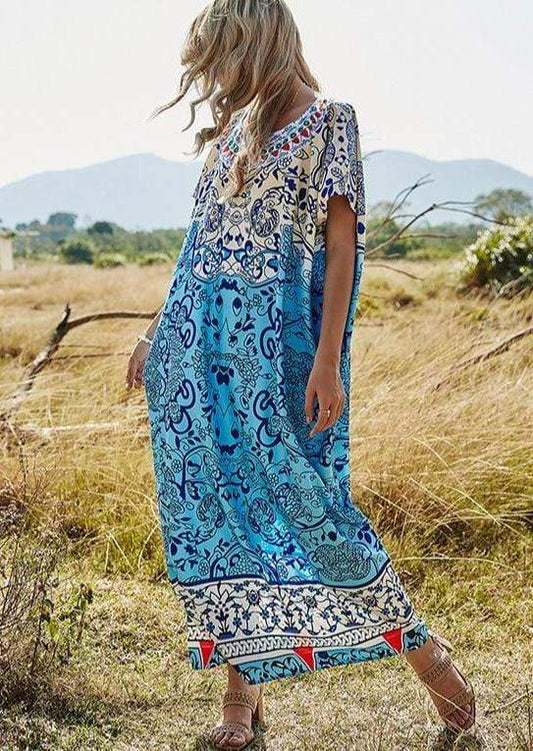Anna-Kaci Oversized Boho Floral Beach Kaftan Dress Swimsuit Coverup for Women Onesize / Blue
