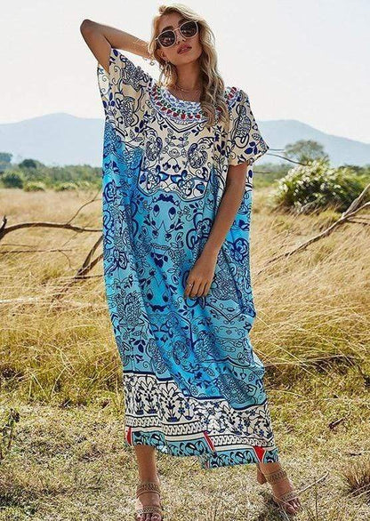 Anna-Kaci Oversized Boho Floral Beach Kaftan Dress Swimsuit Coverup for Women Onesize / Blue