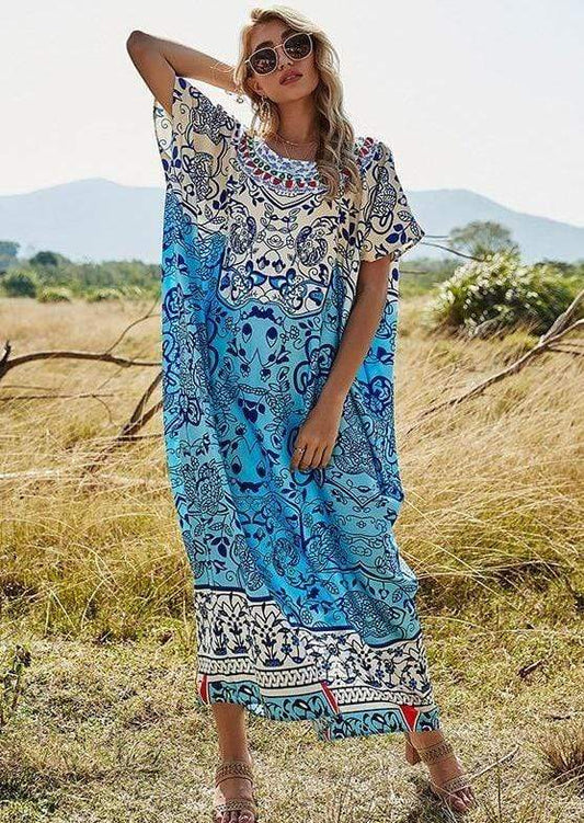 Anna-Kaci Oversized Boho Floral Beach Kaftan Dress Swimsuit Coverup for Women Onesize / Blue