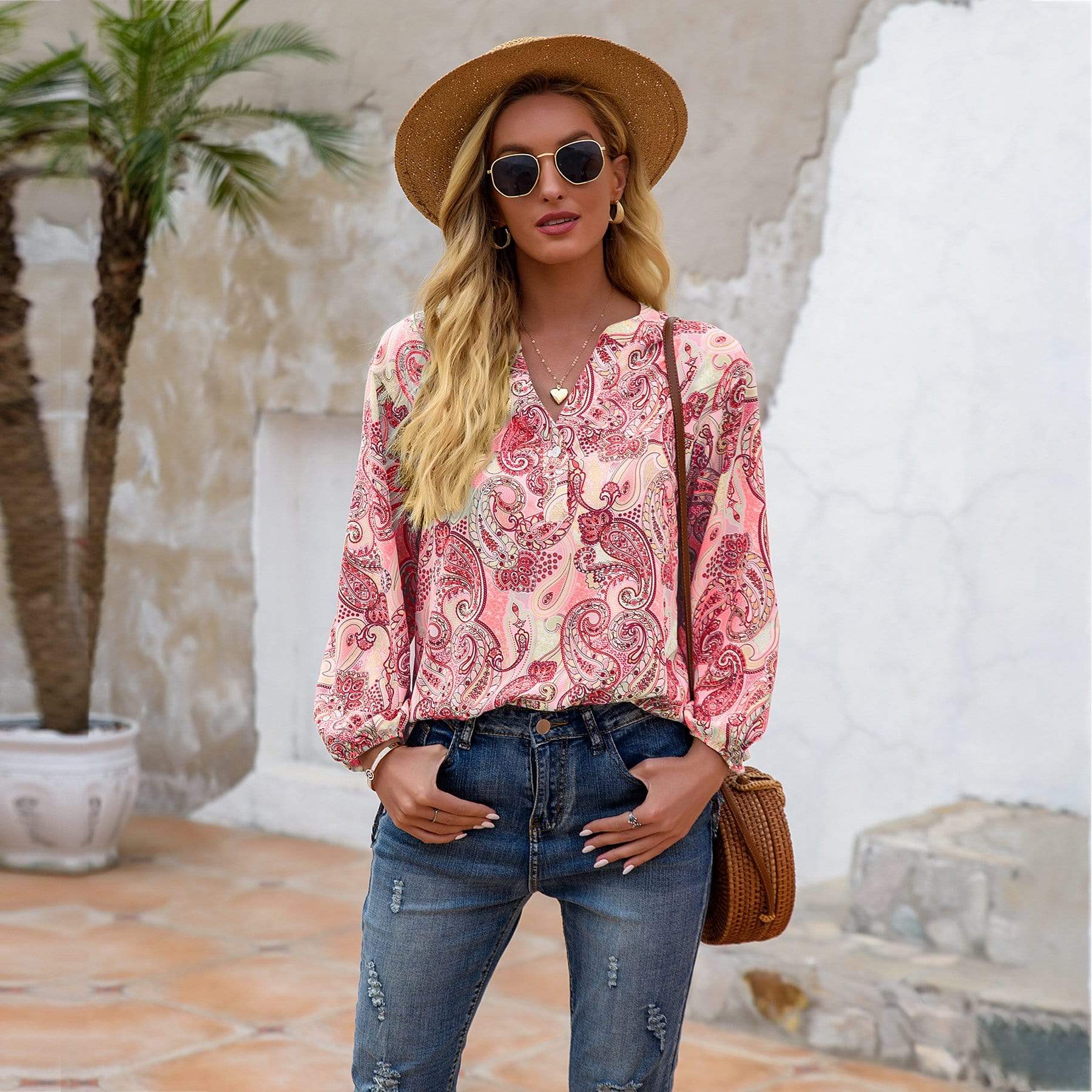 Anna-Kaci Paisley Floral Print Boho Long Sleeve Shirt Light for Women Large 8-10 / Pink