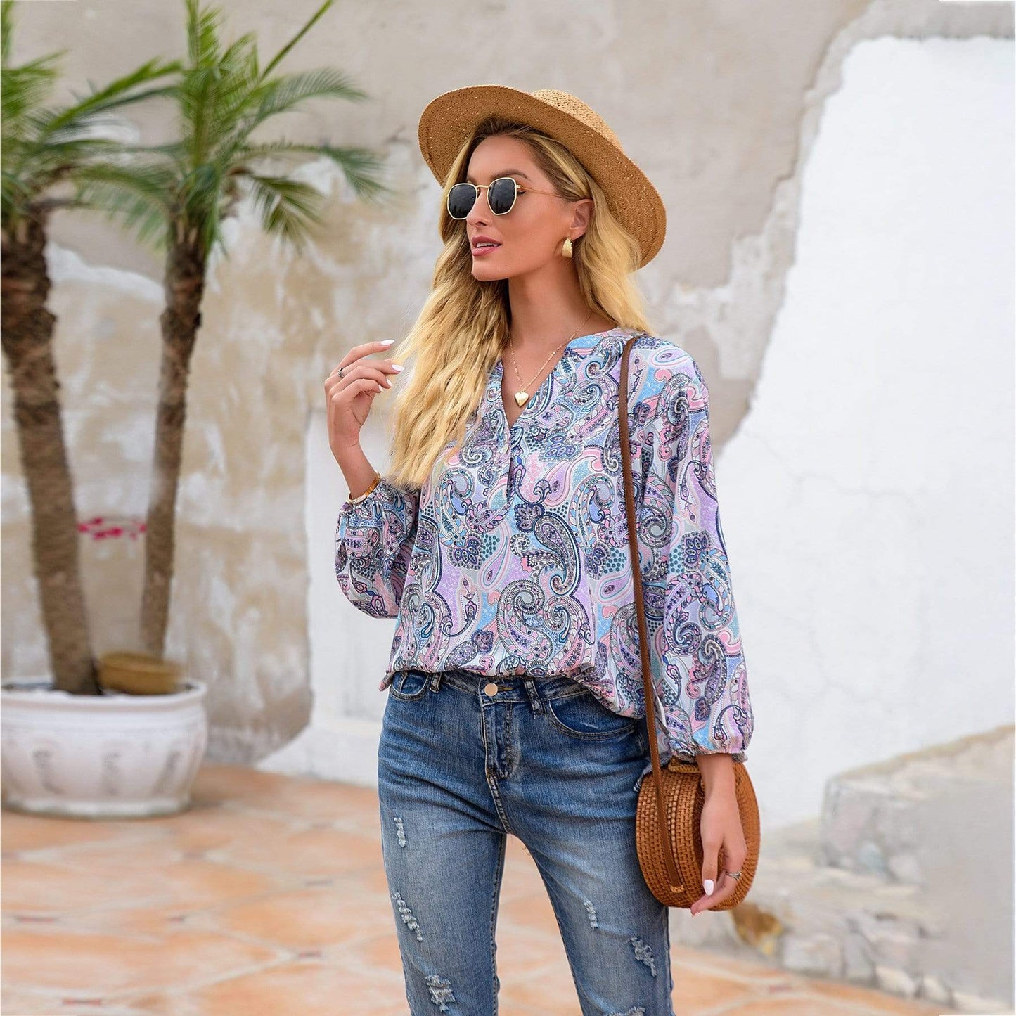 Anna-Kaci Paisley Floral Print Boho Long Sleeve Shirt Light for Women