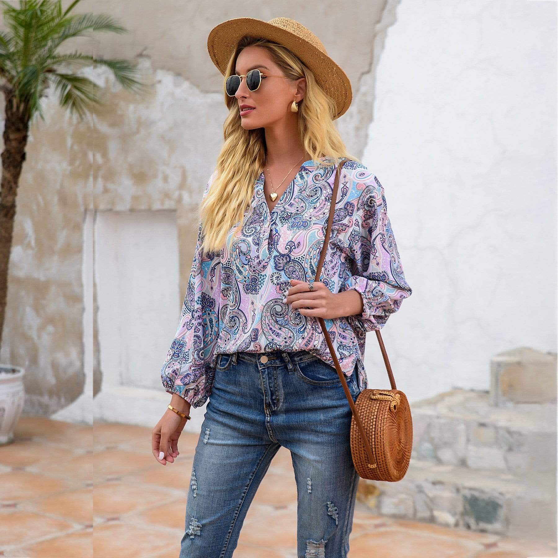 Anna-Kaci Paisley Floral Print Boho Long Sleeve Shirt Light for Women