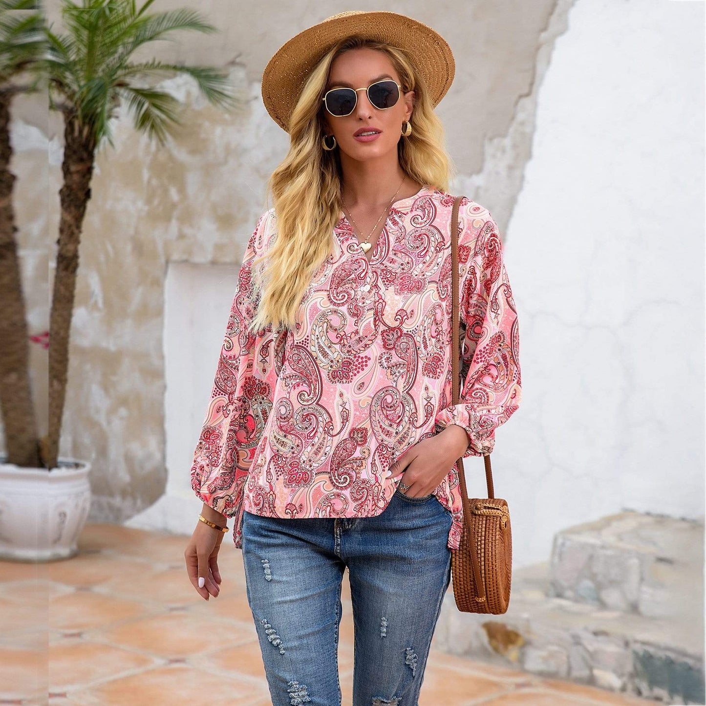 Anna-Kaci Paisley Floral Print Boho Long Sleeve Shirt Light for Women