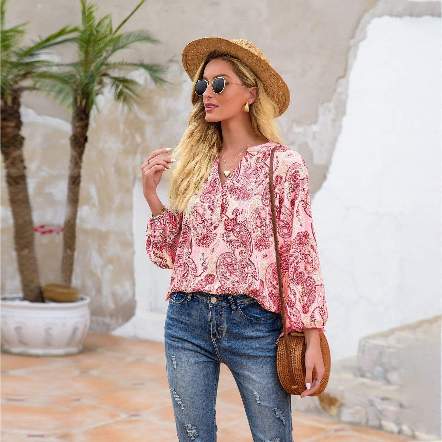 Anna-Kaci Paisley Floral Print Boho Long Sleeve Shirt Light for Women