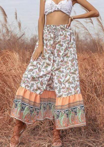 Anna-Kaci Paisley Print Boho Wide Split Front Long Skirt Tied Waist for Women