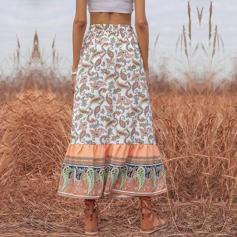 Anna-Kaci Paisley Print Boho Wide Split Front Long Skirt Tied Waist for Women