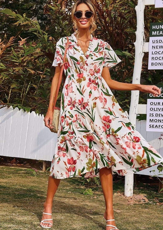 Anna-Kaci Paradise Floral Print Trim V Neck Tunic Midi Dress for Women Large 8-10 / White