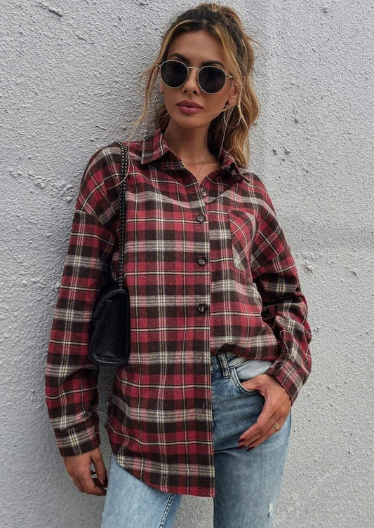 Anna-Kaci Plaid Button Up Flannel for Women with Shirt Pocket Collared Neck Large 8-10 / Red