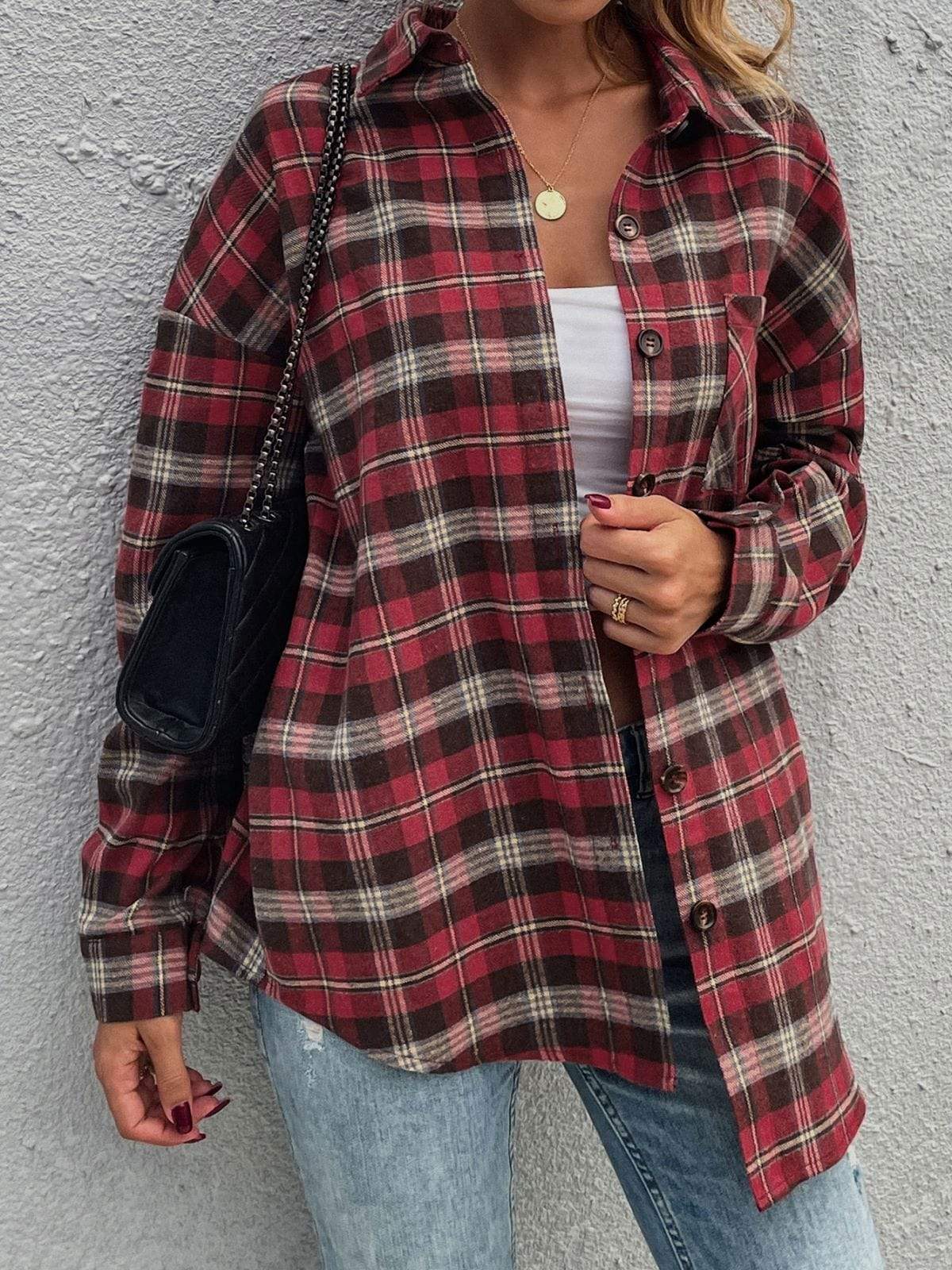 Anna-Kaci Plaid Button Up Flannel for Women with Shirt Pocket Collared Neck