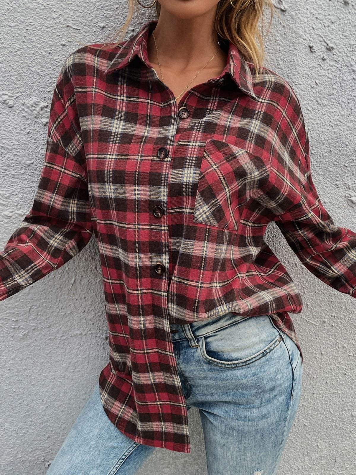 Anna-Kaci Plaid Button Up Flannel for Women with Shirt Pocket Collared Neck