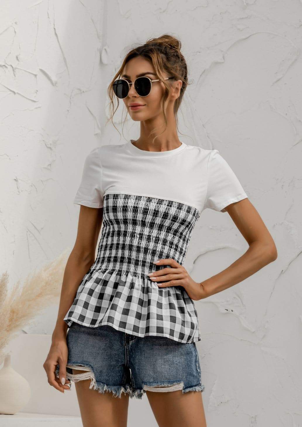 Anna-Kaci Plaid Picnic Pattern Smocked Waist T-Shirt Blouse for Women Black / Small 0-4