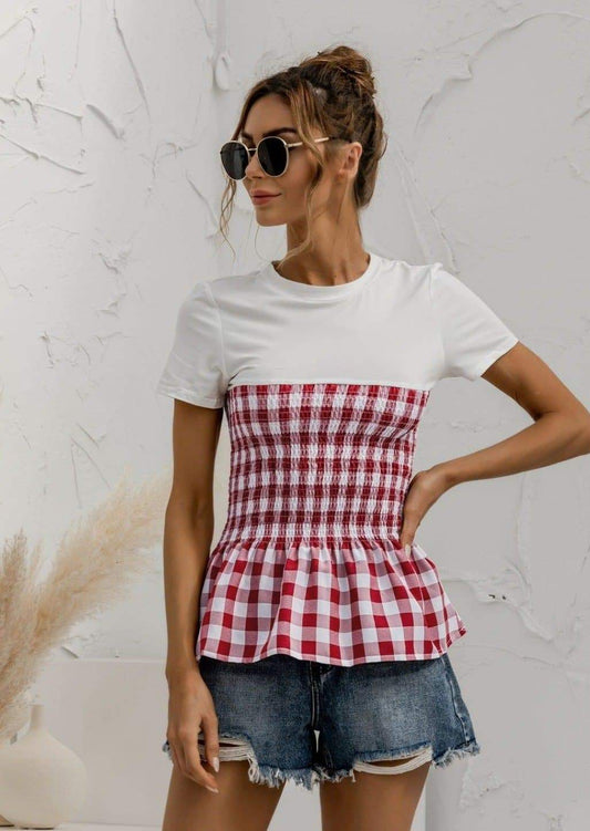 Anna-Kaci Plaid Picnic Pattern Smocked Waist T-Shirt Blouse for Women Love Red / Small 0-4