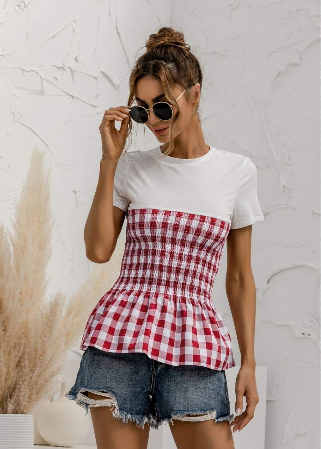 Anna-Kaci Plaid Picnic Pattern Smocked Waist T-Shirt Blouse for Women