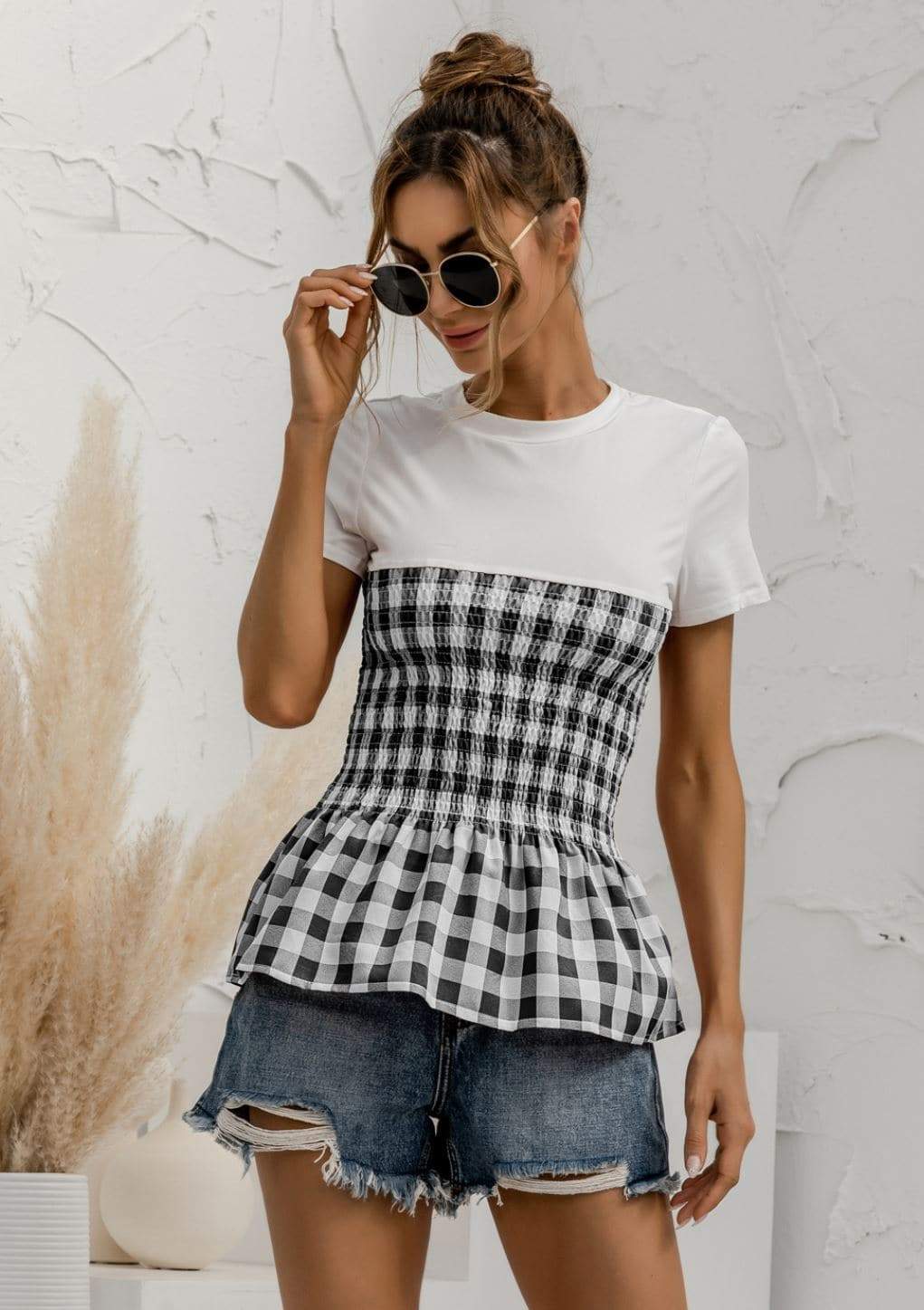 Anna-Kaci Plaid Picnic Pattern Smocked Waist T-Shirt Blouse for Women