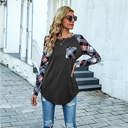 Anna-Kaci Plaid Print Patterned Pocket Long Sleeve Top Two Tone for Women Large 8-10 / Black