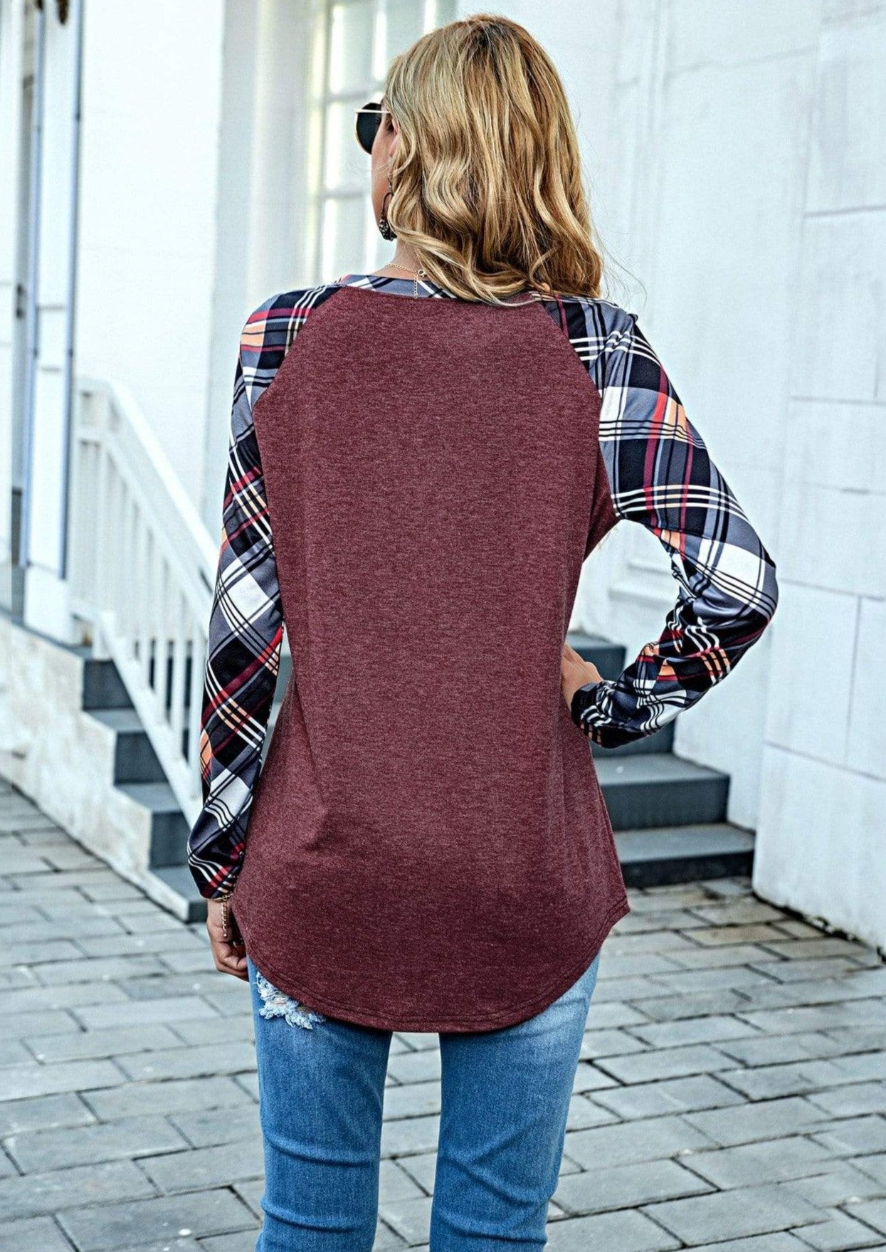 Anna-Kaci Plaid Print Patterned Pocket Long Sleeve Top Two Tone for Women Large 8-10 / Burgundy