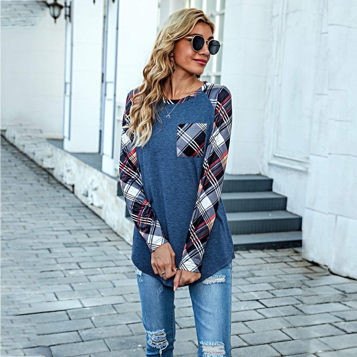 Anna-Kaci Plaid Print Patterned Pocket Long Sleeve Top Two Tone for Women