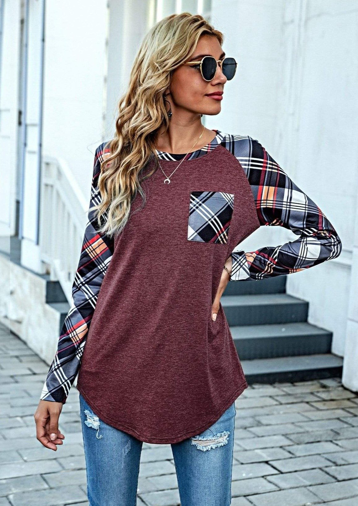 Anna-Kaci Plaid Print Patterned Pocket Long Sleeve Top Two Tone for Women