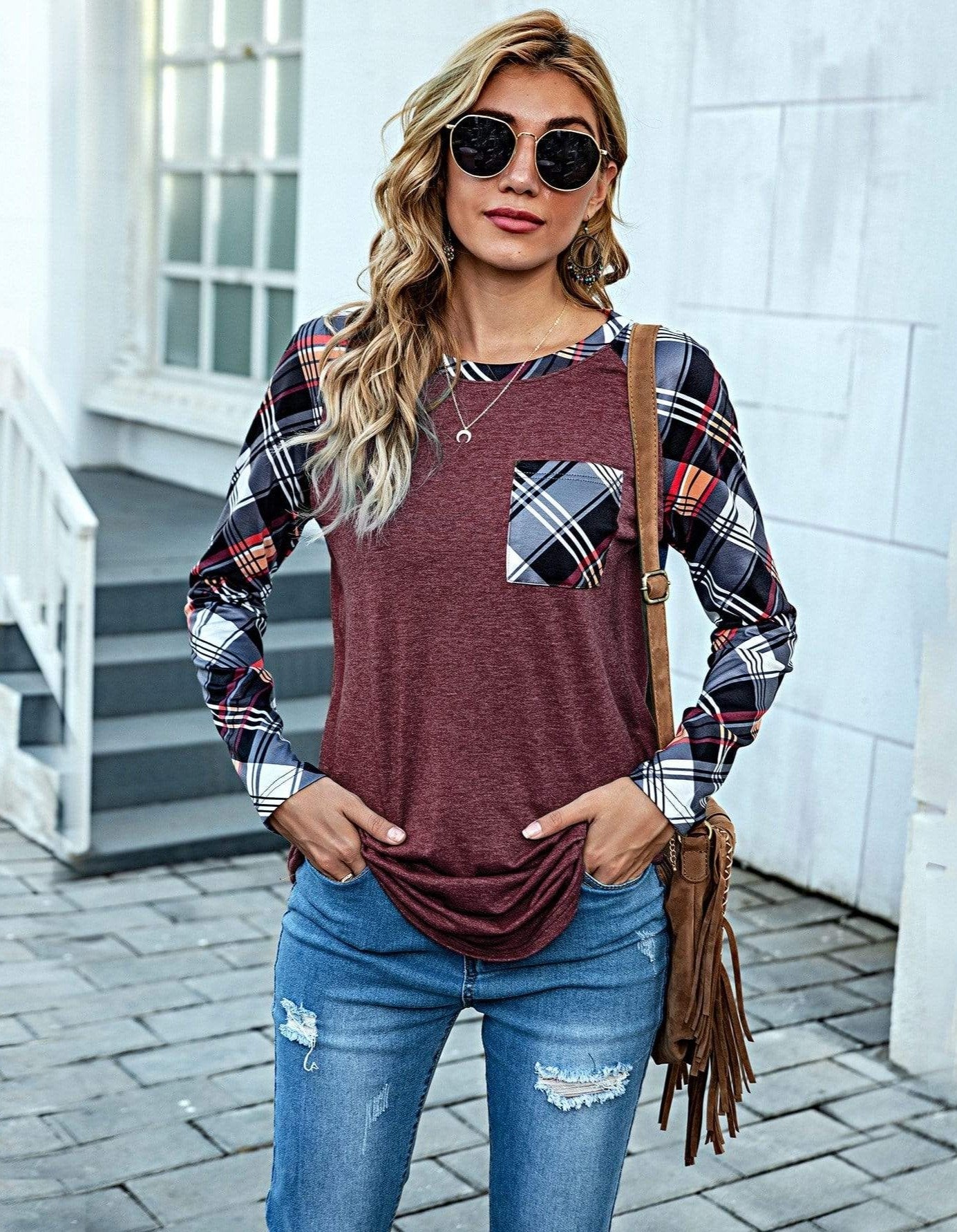 Anna-Kaci Plaid Print Patterned Pocket Long Sleeve Top Two Tone for Women