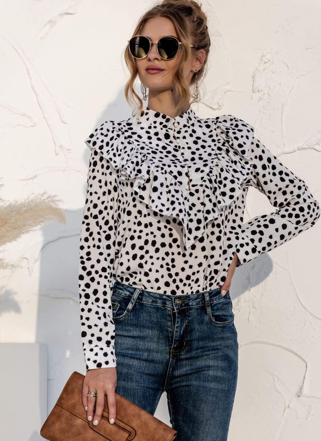 Anna-Kaci Polka Dot Print Ruffle Front High Neck Chiffon Long Sleeve Blouse