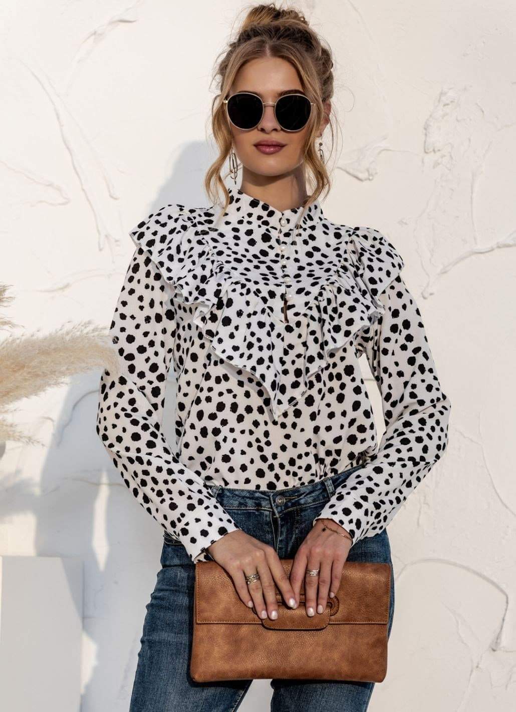 Anna-Kaci Polka Dot Print Ruffle Front High Neck Chiffon Long Sleeve Blouse