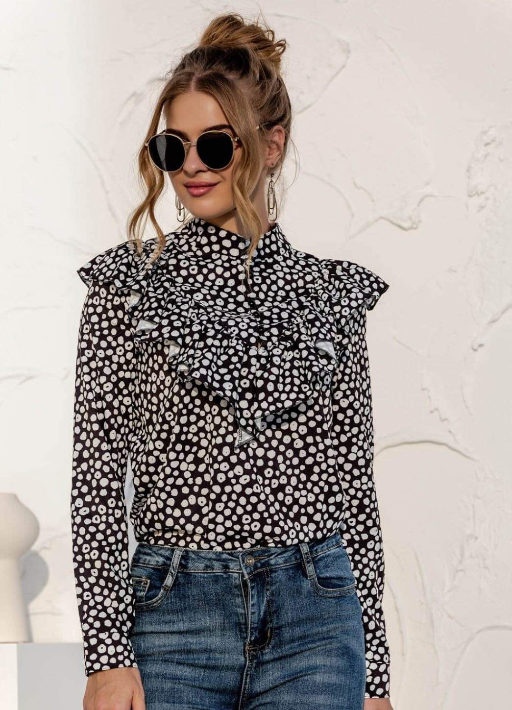 Anna-Kaci Polka Dot Print Ruffle Front High Neck Chiffon Long Sleeve Blouse