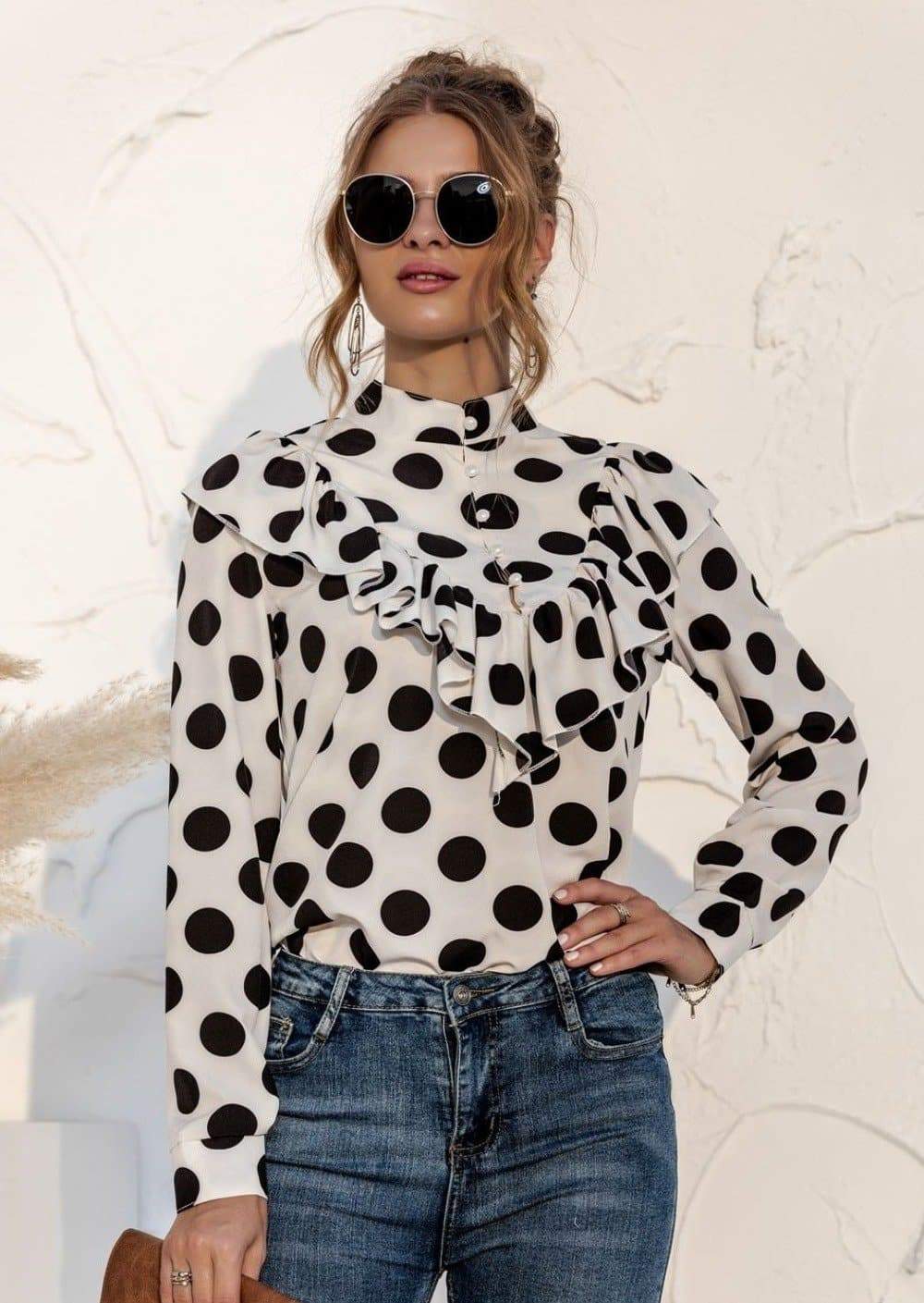 Anna-Kaci Polka Dot Print Ruffle Front High Neck Chiffon Long Sleeve Blouse