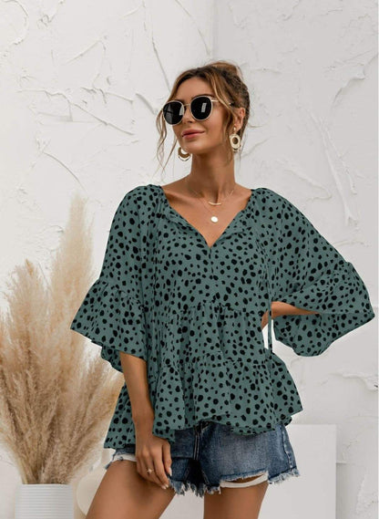 Anna-Kaci Polka Dot Print Ruffle Tiered Button Up Summer Blouse for Women Green / Small 0-4