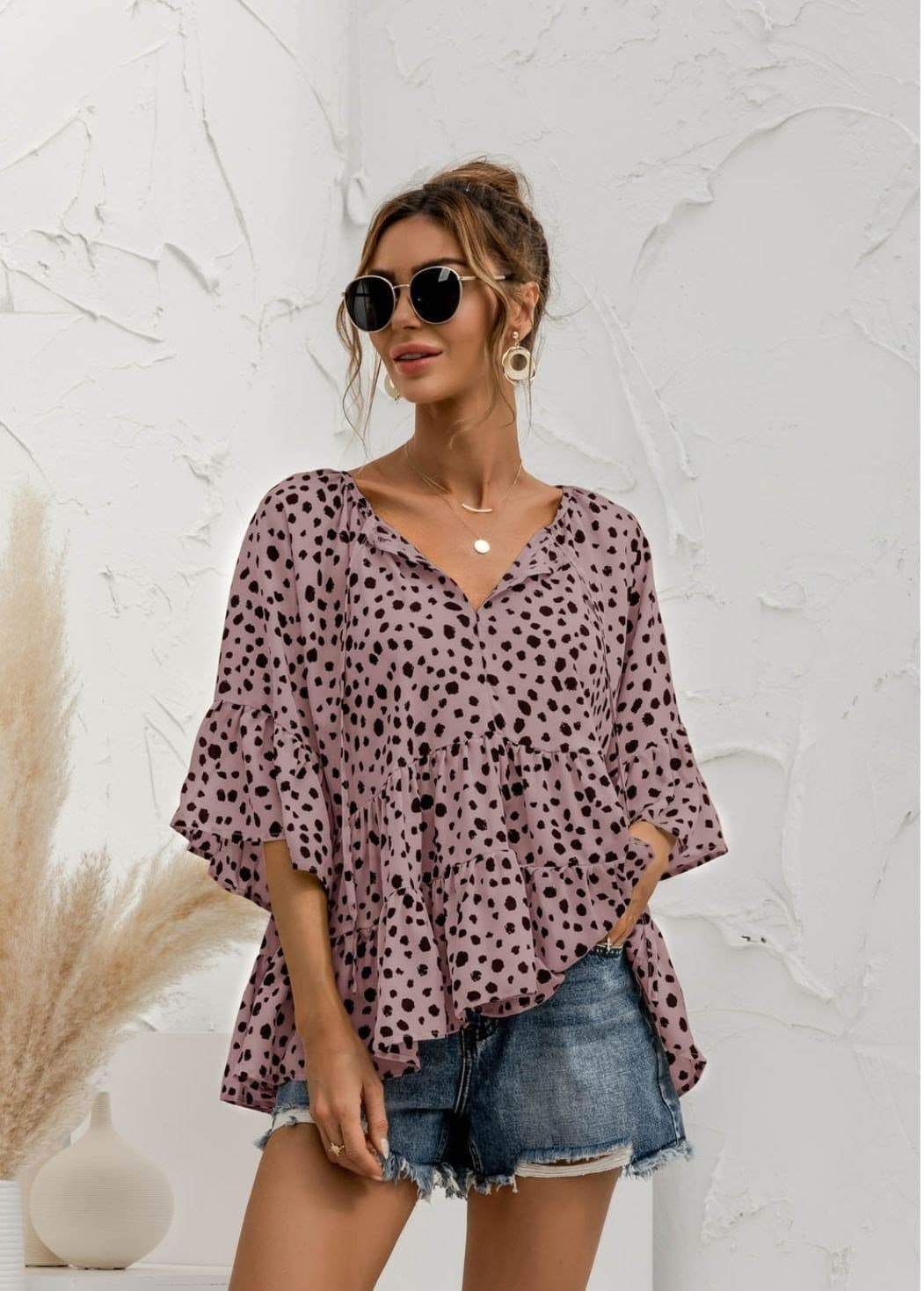 Anna-Kaci Polka Dot Print Ruffle Tiered Button Up Summer Blouse for Women