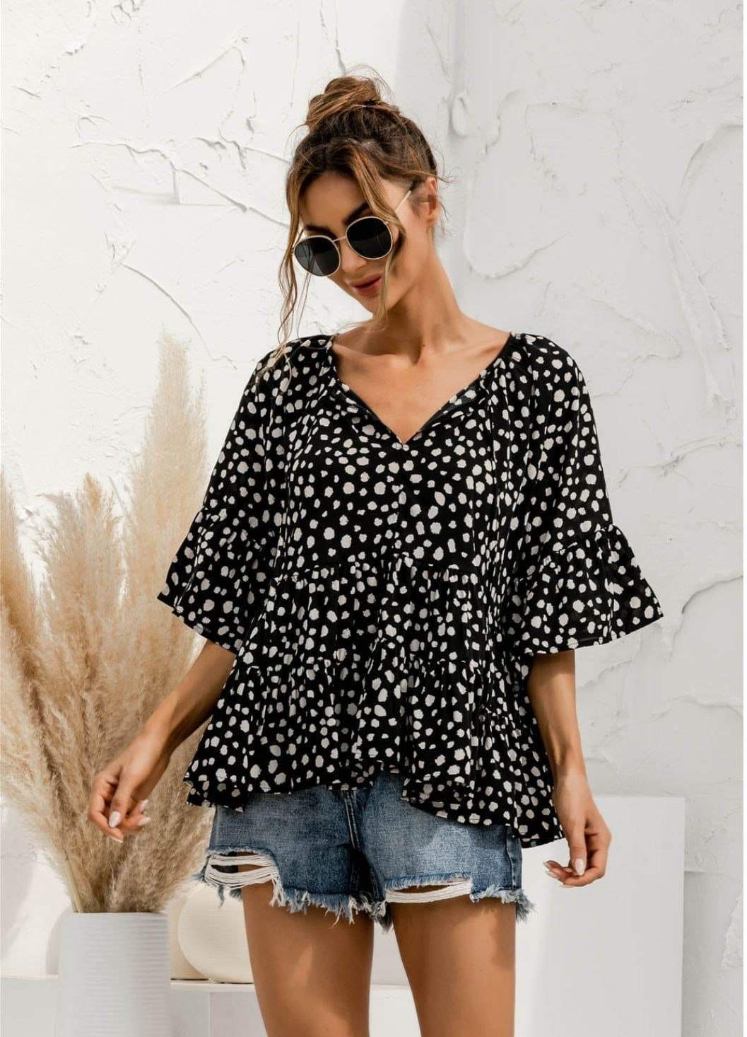 Anna-Kaci Polka Dot Print Ruffle Tiered Button Up Summer Blouse for Women