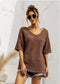 Anna-Kaci Popcorn Stitch Knit Deep V Neck Summer Pocket T-Shirt Top for Women