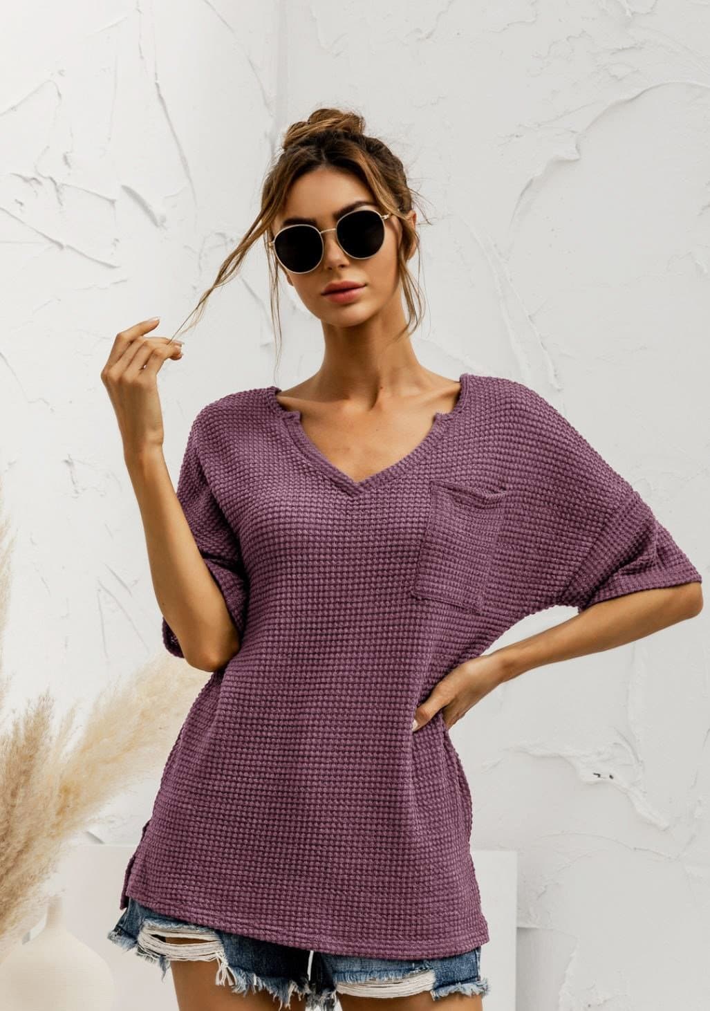 Anna-Kaci Popcorn Stitch Knit Deep V Neck Summer Pocket T-Shirt Top for Women Mauve / Small 0-4