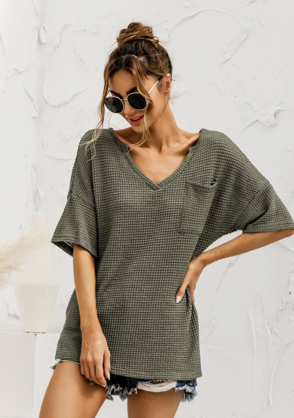 Anna-Kaci Popcorn Stitch Knit Deep V Neck Summer Pocket T-Shirt Top for Women Olive Green / Small 0-4
