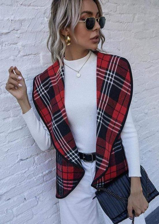 Anna-Kaci Red Plaid Print Line Pattern Outerwear Vest Fall Winter for Women Large 8-10 / Red