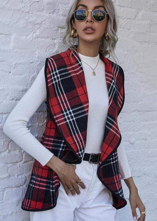 Anna-Kaci Red Plaid Print Line Pattern Outerwear Vest Fall Winter for Women