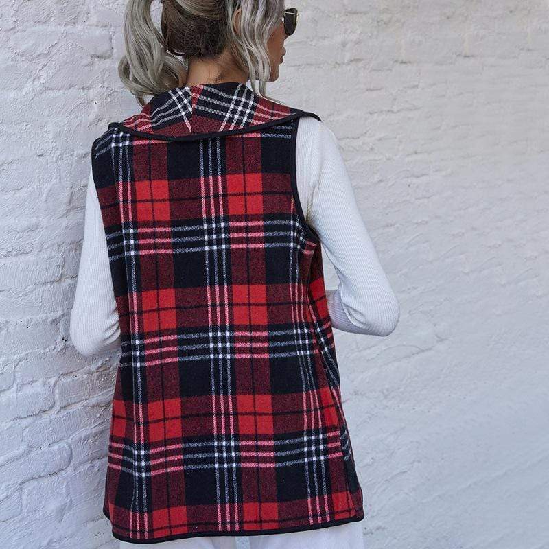 Anna-Kaci Red Plaid Print Line Pattern Outerwear Vest Fall Winter for Women