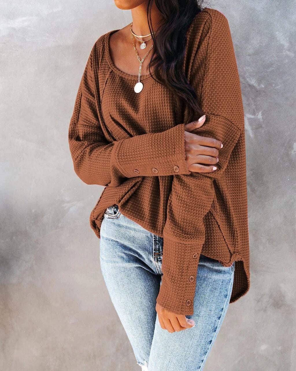 Anna-Kaci Round Neck Button Cuff Long Sleeve Waffle Knit Top for Women