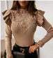 Anna-Kaci Round Neck Lace Detail Ruffle Shoulder Long Sleeve Top for Women L / Khaki