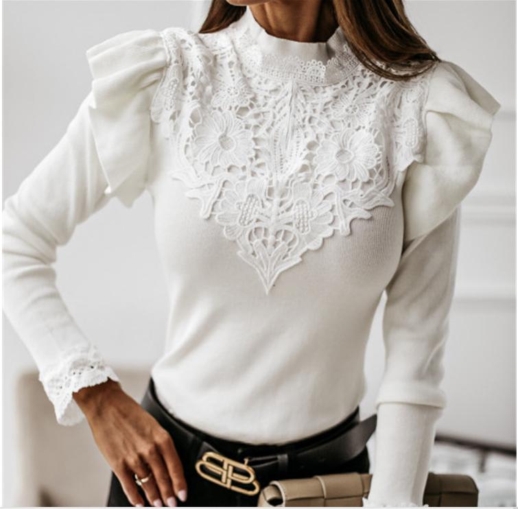 Anna-Kaci Round Neck Lace Detail Ruffle Shoulder Long Sleeve Top for Women L / White