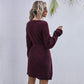 Anna-Kaci Round Neck Textured Tie Waist Belt Bishop Sleeve Sweater Dress