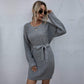 Anna-Kaci Round Neck Textured Tie Waist Belt Bishop Sleeve Sweater Dress